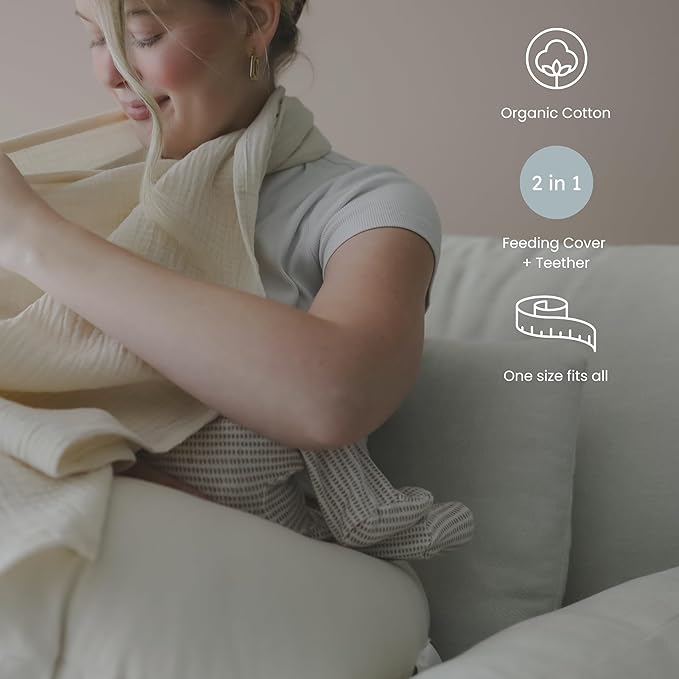 snuggle me® Nursing Cover - 100% Organic Cotton Muslin Nursing Cover Up for Breastfeeding with a BPA-Free Silicone Teether Ring, Ultra-Soft & Lightweight (33.5″ × 39.4″)