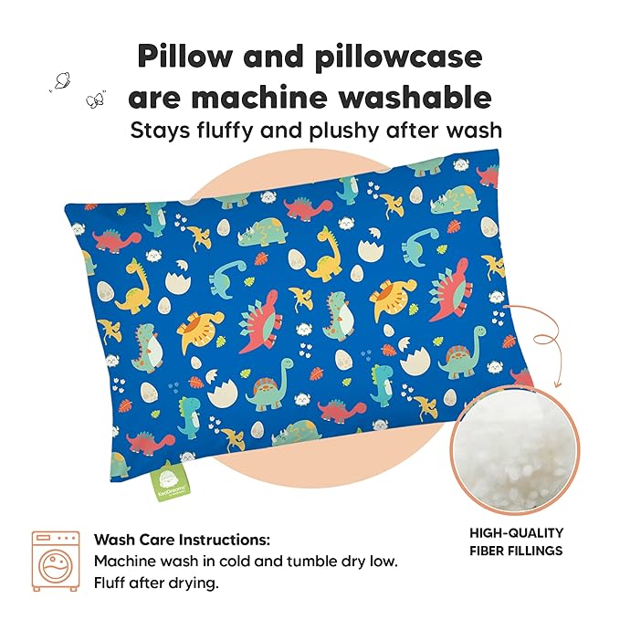 Toddler Pillow with Pillowcase - 13x18 My Little Dreamy Kids Travel Bed Pillows for Sleeping, Organic Cotton Small Pillowcase, Soft & Breathable, Machine Washable, Toddlers 2-5 Years Old (DinoWorld)