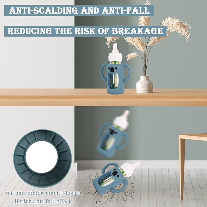 HUAKENER 3 Pack Silicone Sleeves with Handles for Dr Brown's Glass Baby Bottles 4 oz, Anti Breakage Baby Bottle Holder, Compatible with Dr. Brown's Natural Narrow Glass Baby Bottles