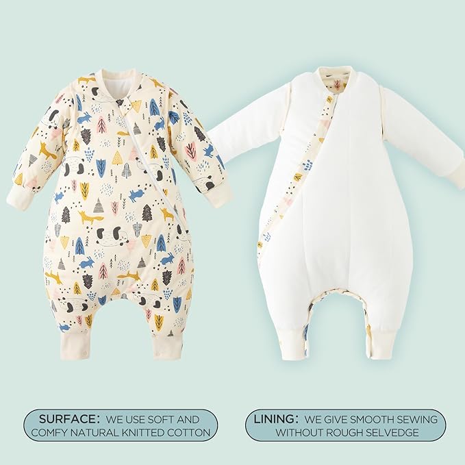 Duomiaomiao Unisex Baby Sleep Sack,3.5 TOG Baby Sleeping Bag,100% Cotton,Winter Cotton Toddler Sleeping Sack with Feet, 2-Way Zipper Sleeping Bag Sack for Early Walkers
