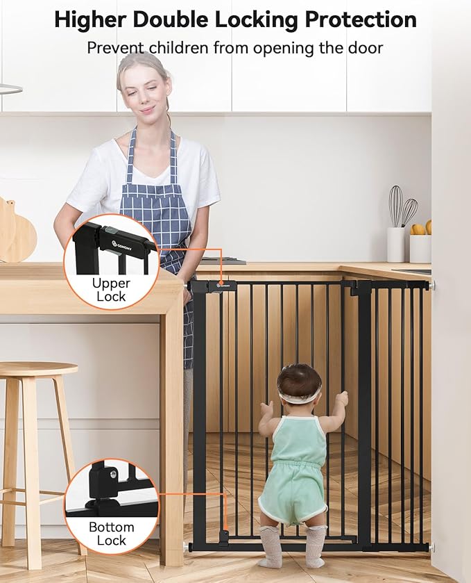 COMOMY 42" Extra Tall Baby Gate for Stairs Doorways, Fits Openings 29.5" to 40.6" Wide, Auto Close Sturdy Safety Dog Gate for House, Pressure Mounted Easy Walk Through Pet Gate with Door, Black