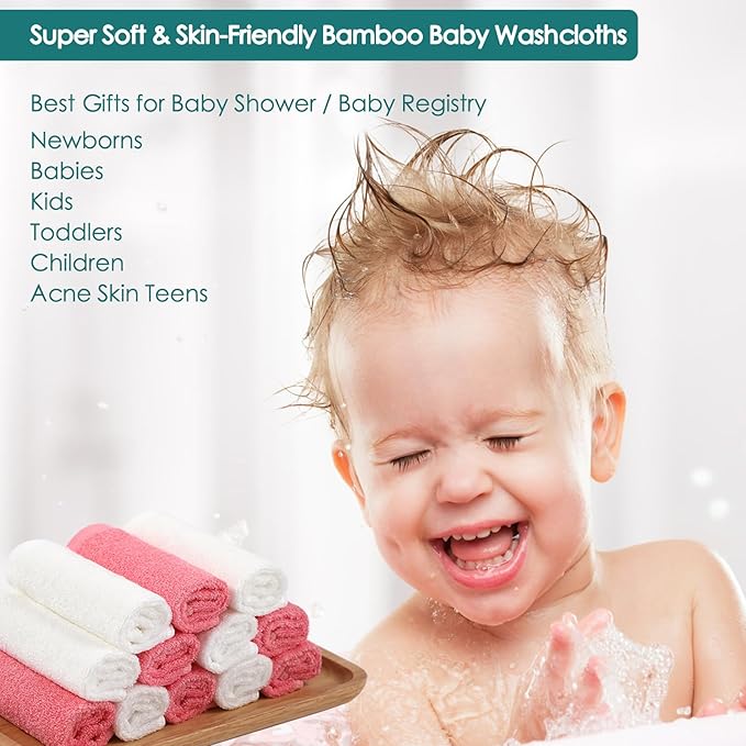 Baby Washcloths 12 Pack, 10x10 inch Heavenly Soft Wash Cloth for Face and Body, Gentle & Safe Pink Face Towel on Sensitive Skin, Baby Essentials Bath Shower Gifts for Girl Infant Kid Toddler Children