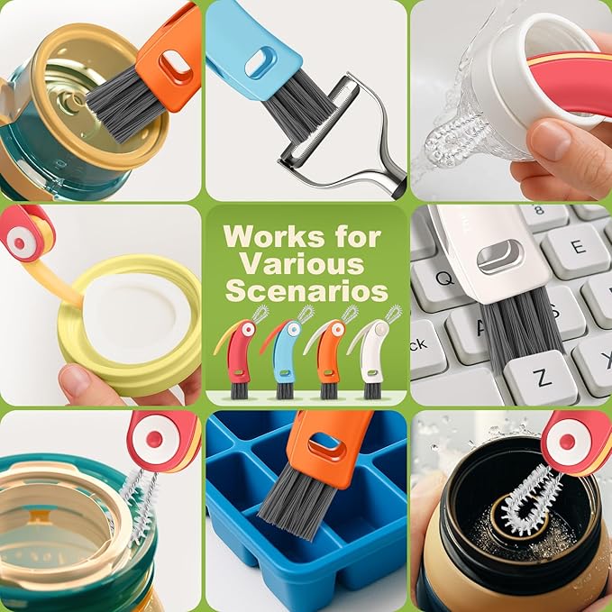 3 in 1 Cup Lid Cleaning Brush 4 Pack - Multifunctional Cleaning Brush Set for Tight Spaces, Bottle Gaps & Travel Mugs | Portable Durable Cup Lid Cleaner Tools with 4 Assorted Colors (Home Kitchen Use)