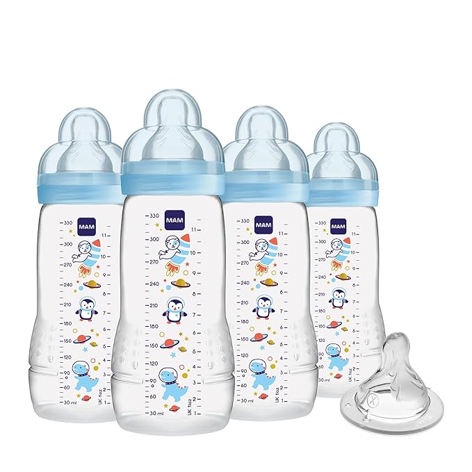 MAM Easy Active Baby Bottles 11oz with Bonus Nipple,Fast Flow Skinsoft Silicone Nipple with Wide Neck Ergonomic Design,Easy to Hold,BPA-Free Bottles Leak-Proof Caps for 4+ Months Baby(Pack of 6)