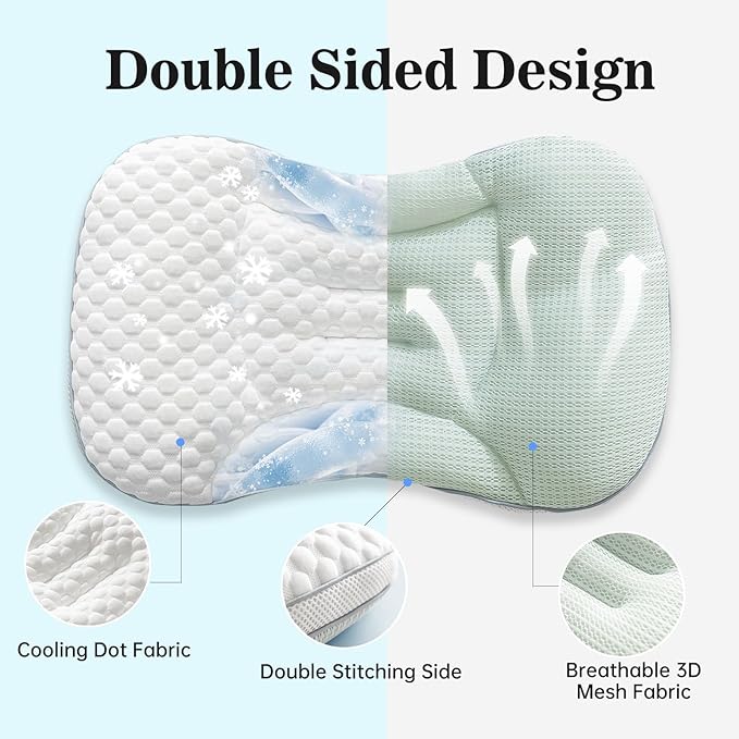 Reidio Toddler Pillows Double Sided Cooling Fabric & Breathable Mesh Kids Pillow Dual Heights Toddler Ergonomic Design Advanced Hose Filler Machine Washable (Blue Green, H2)