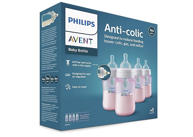 Philips Avent Anti-Colic Baby Bottle with AirFree Vent, 9oz, with Flow 2 Nipples, 1m+, Pink, SCY703/14 (Pack of 24)
