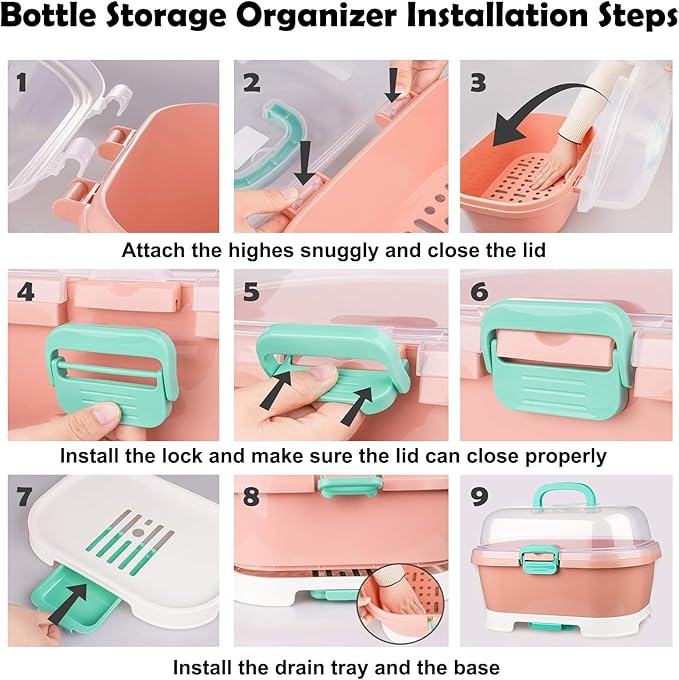 Baby Bottle Organizer for Storage, Baby Bottle Storage Large Capacity with Lid Cover Anti-Dust Protection and Cutlery Storage Drying Rack Portable Large Capacity Bottle Organizer(Pink)