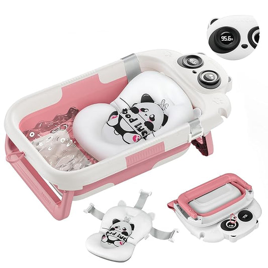 Collapsible Baby Bathtub for Newborn, Baby Bath Tub with Thermometer & Soft Floating Cushion & Drain Hole for Infant to Toddler, Portable Travel Bathtub with No-Slip Feet for 0-36 Months-Pink