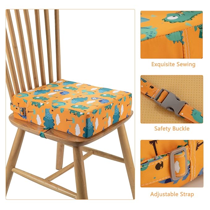 Toddler Booster Seat for Dining Table Kitchen Chair, Stronger Support Double Safe Straps Portable Booster Seat Dining Toddler, High Cushion for Travel Home with Non-Slip Bottom (Orange)