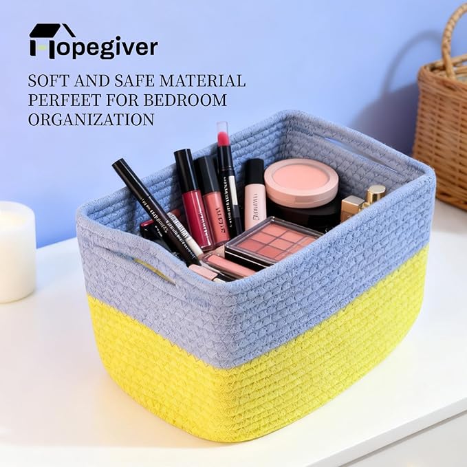 Hopegiver 3 Pack Storage Baskets for Organizing with Handle, Woven Baskets for Shelves - Durable Gift Basket for Cloth Toys Books Baby, Cotton Rope Basket for Dog Cat, 11x8x7 Inch(Blue&Yellow)