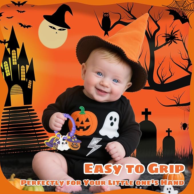 Halloween Baby Teething Bracelet with 3pcs Teether-Soft Pumpkin, Ghost&Witch Hat Textured Silicone Teether for 0-12months, Baby Sensory Chew Teething,Sensory Chew Bracelet for Baby’s First Halloween