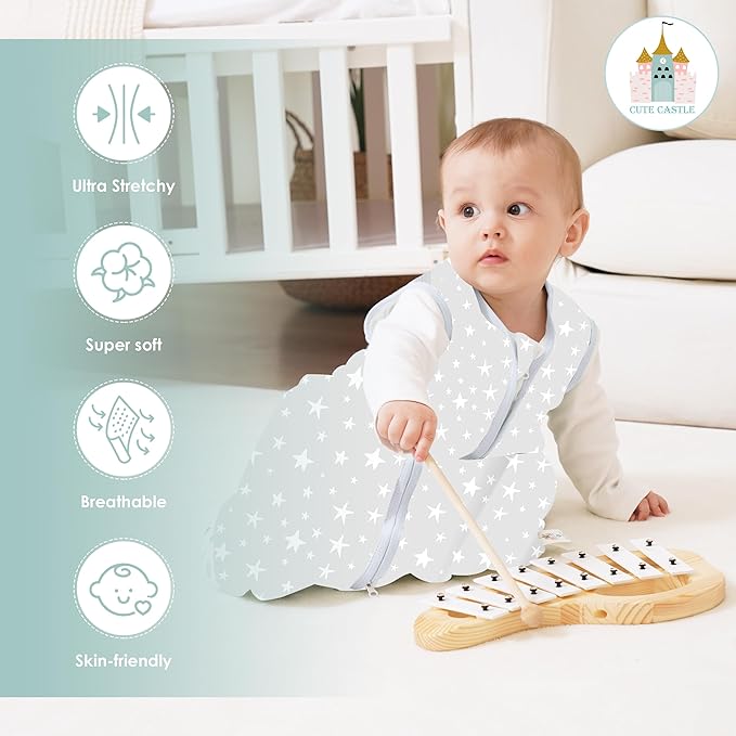 Cute Castle Baby Sleep Sack 6-12 Months - Lightweight 100% Cotton 2-Way Zipper TOG 0.5 Infant Wearable Blanket, Newborn Essentials Toddler Sleep Clothes, 3 Pack(Gray, Letters, Stars)