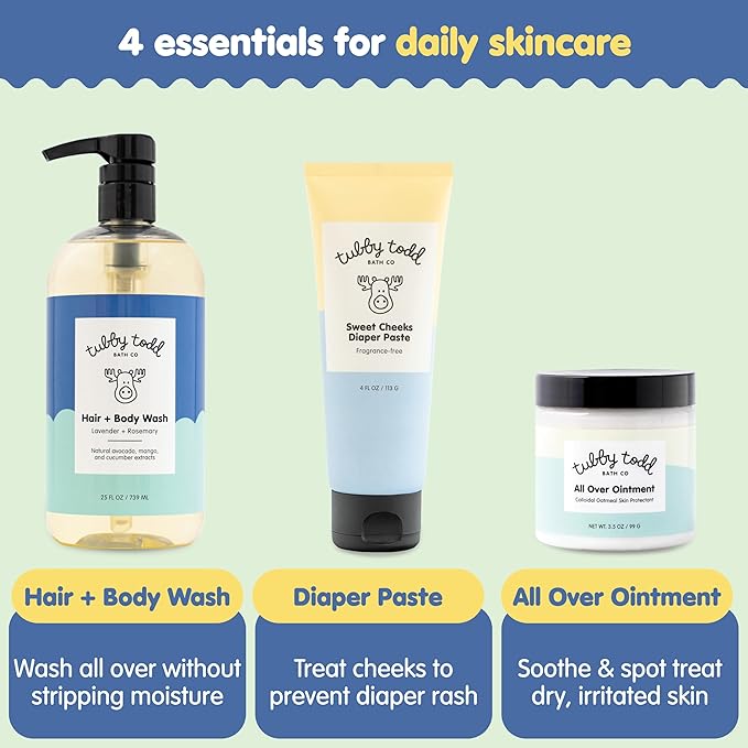 TUBBY TODD Baby Bundle Newborn Skin Care Set - Hypoallergenic Hair + Body Wash, All Over Ointment with Colloidal Oatmeal, Sweet Cheeks Diaper Paste - Lavender Rosemary, Full Size