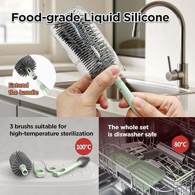 YOTIME Travel Bottle Brush Set, Auto-Open Rack & Vertical Brushs Drying Slots, 3 Brushes, Foldable Drying Rack, Dispenser, Travel Baby Essentials for On-The-Go Parents, Green