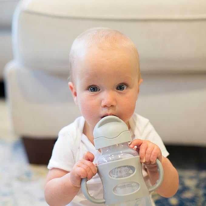 Dr. Brown's Milestones Wide-Neck Sippy Straw Bottle with 100% Silicone Handles and Weighted Straw, 9 oz/270 mL, Gray, 6m+