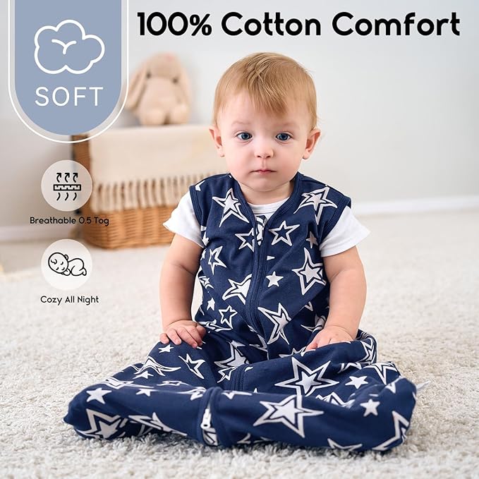 Yoofoss Baby Sleep Sack 0-6 Months 0.5 Tog Wearable Blanket for Baby, 3 Pack 100% Organic Cotton Infant Toddler Sleeping Sack 2-Way Zipper Lightweight Sleep Sack