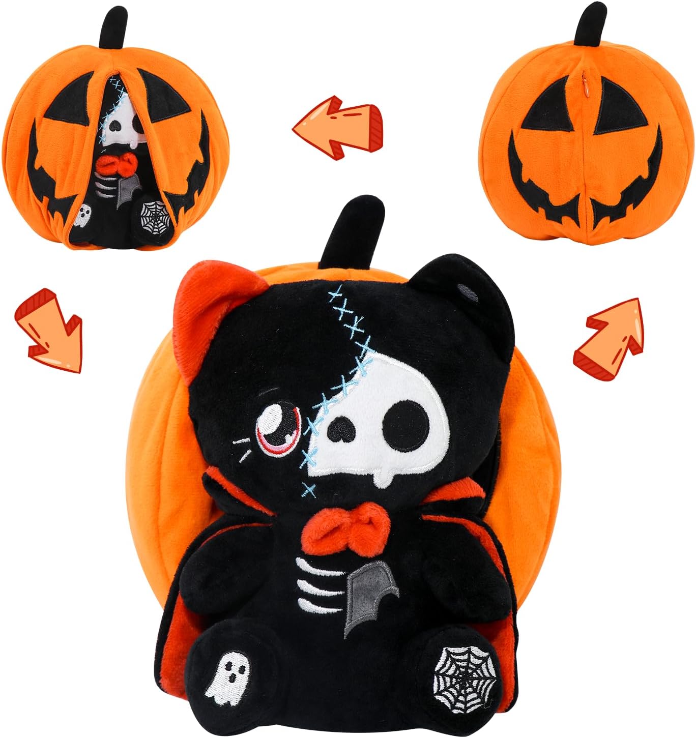 Halloween Reversible Pumpkin Plush Zipper, Skeleton Black Cat Transformed Cat, Stuffed Animal Halloween Boys Girls Kids Birthday Gift
