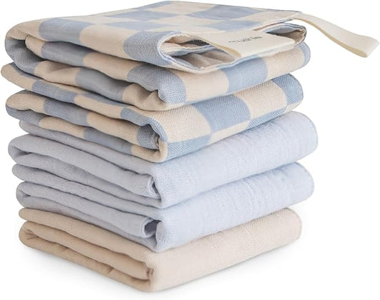 mushie Muslin Organic Cotton Washcloths 5-Pack (Blue Check Combo) | Soft Wipes for Baby Cleanups and Bathing