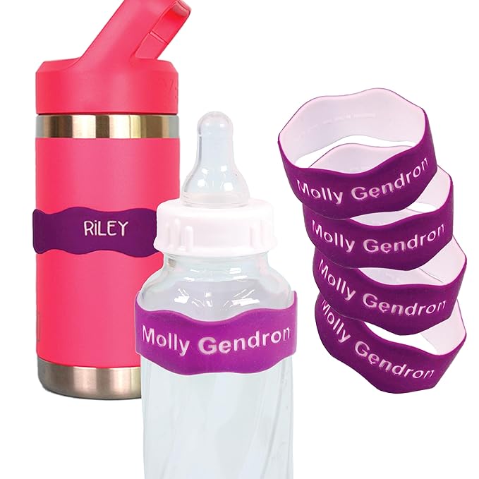 InchBug Orbit Labels Baby Bottle and Water Bottle Silicone Name Bands – Personalized Reusable Label Set for Daycare, Sippy Cups, Preschool, Elementary School, Dishwasher Safe, 4-Pack (Grape Juice)