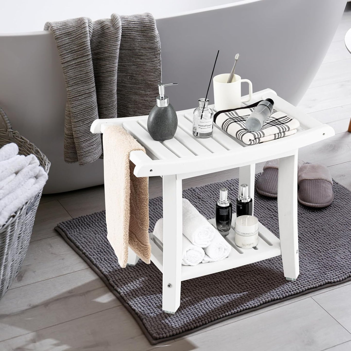 GOFLAME 2-Tier Shower Bench, Spa Bath Shower Stool with Curved Seat, 2 Easy-to-Grip Handles, Storage Shelf & Non-Slip Foot Pads, Waterproof Shower Chair for Bathroom, Living Room, Entryway, White