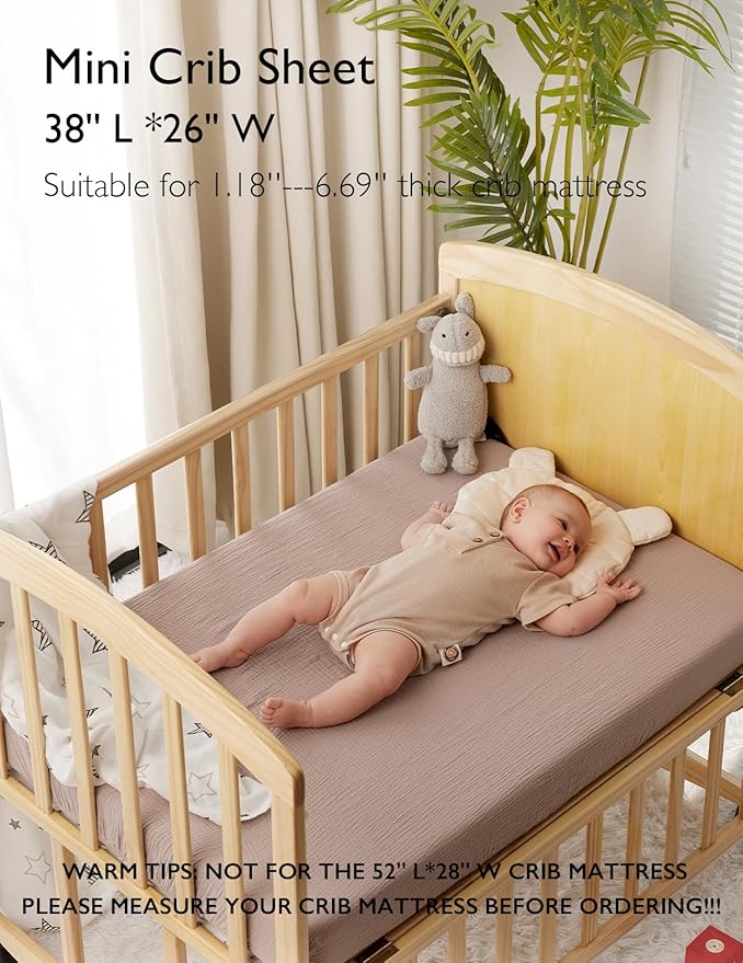 Momcozy Muslin Mini Crib Sheets Fitted - 38''x26'' Pack and Play Sheets for Pack N Play Mattress, 2 Pack Soft & Breathable Natural Cotton Non Slip Bed Cover for Boys, Girls, Beige Coffee Red