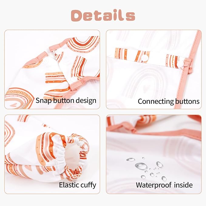 2-Pack Long Sleeve Baby Bib,Coverall Baby Bibs for Eating,Waterproof,Attaches to Highchair&Table,Ages 1 to 3 Years