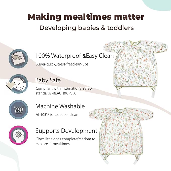 Happy Flute Long Sleeve Baby Bib-Mess Proof Baby Feeding Bibs with Adjustable Design for Babies during Eating or Highchair