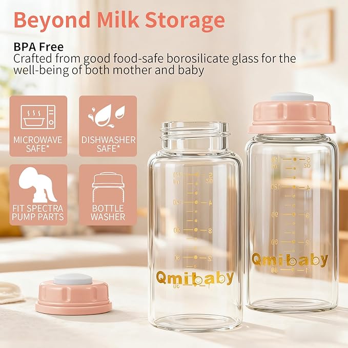 Natural Glass Baby Bottle 150ml 5oz Standard Neck Breast Milk Storage Bottles Compatible with Medela Breast Pumps for Breastmilk Storage Bottle Breastfeeding BPA-Free 4 Pack (Pink Lids)