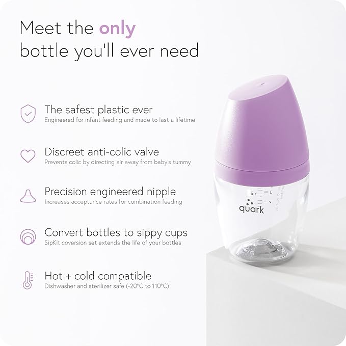 BuubiBottle Mini Slow Flow Bottle for Newborn Babies by Quark - with Anti-Colic RealFeel Nipple to Simulate Breastfeeding - BPA-Free, PVC-Free, Toxin-Free - 5 Oz Bottle with Lid, 2 Pack - Purple