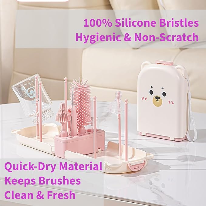 Travel Baby Essentials, 7in1 Travel Baby Bottle Cleaning Kit, Baby Essentials for Flying Nipple, Drying Rack, Straw, Soap Dispenser Dish Soap for Bottles, Gift for Mom (Pink)