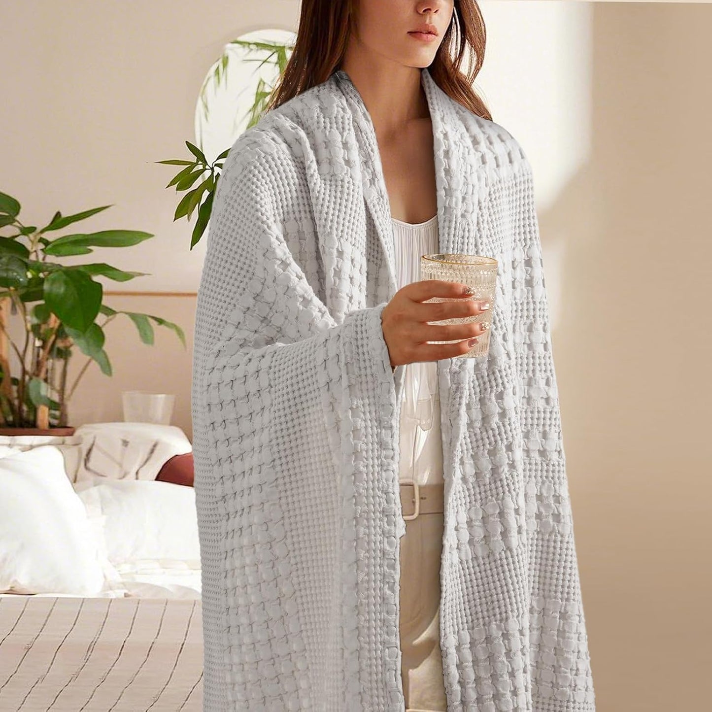 PHF 100% Cotton Waffle Weave Throw Blanket, Soft Lightweight Breathable Cozy Summer Throws for Couch Bed Sofa, Luxury Aesthetic Woven Blanket for Home Decor & Office, 50"x60", Light Grey