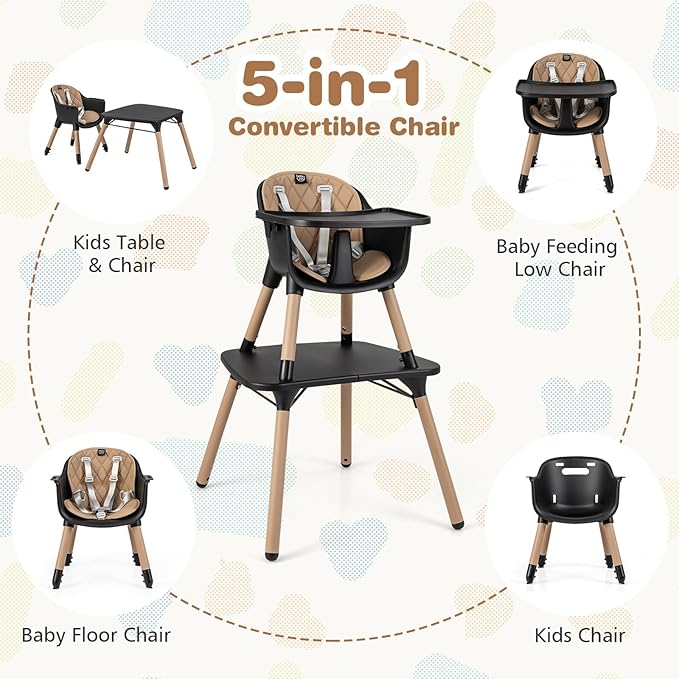 BABY JOY High Chair, 5 in 1 Convertible Highchair for Babies & Toddlers | Booster Seat | Table and Chair Set | Infant Feeding Chair with Removable Tray, Safety Harness, Removable Cushion (Brown)