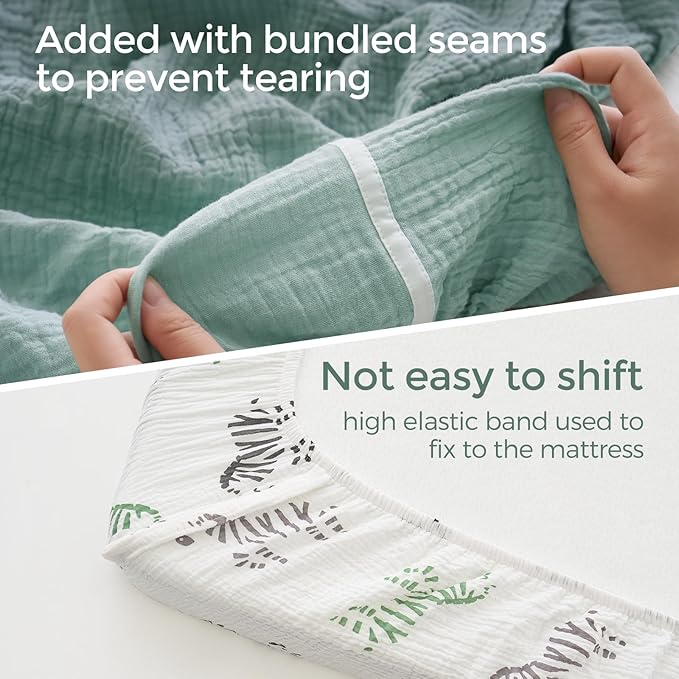 Momcozy Muslin Mini Crib Sheets Fitted - 38''x26'' Pack and Play Sheets for Pack N Play Mattress, 2 Pack Soft & Breathable Natural Cotton Non Slip Bed Cover for Boys, Girls, Bravery Zebra
