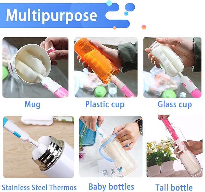 Bottle Brush Sponge Cup Brush Set with 4 Replacement Brush Head Portable Long Handle Water Bottle Cleaner Brush, for Baby Bottles Vacuum Flasks (4 Brushes + 4 Heads)