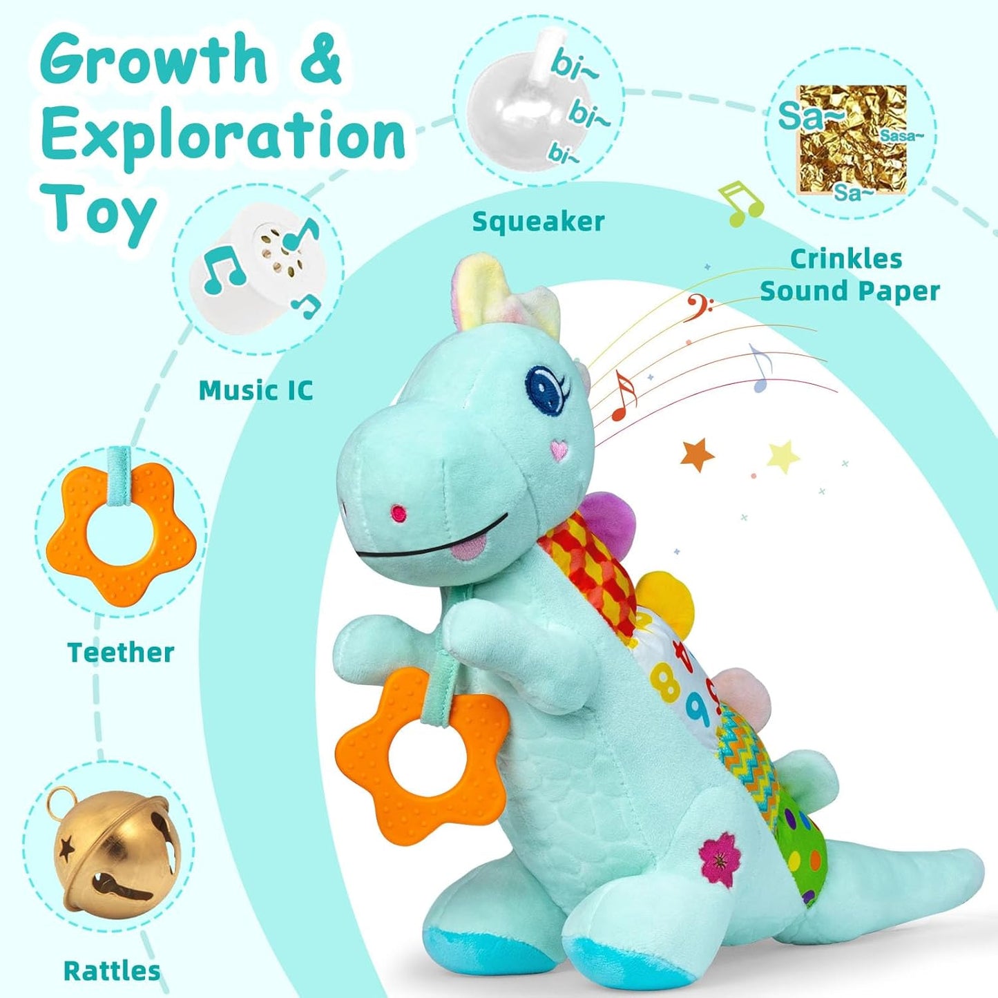 Baby Dino Plush Soft Stuffed Animal Toy for 0-3-6-12+ Months,Infant Musical Toy with Rattle,Squeaker,Sensory Crinkle,Teether & Textures,Tummy Time Toys Christmas Baby Gift for Newborn Girl Boy (Blue)