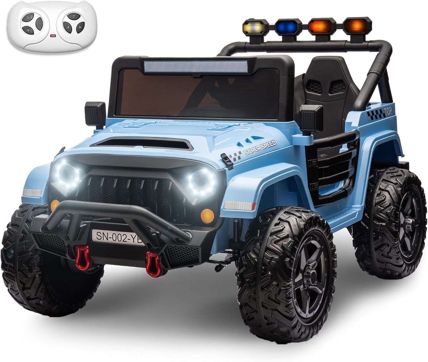 24V 2 Seater Ride On Truck with Remote Control 4WD Electric Car for Kids Ride On Car Battery Powered Ride On Toy Car with Music Player, LED Lights, Bluetooth, Rear Shock Absorber, Gray Blue
