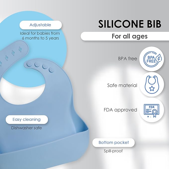 Bluet B - Set of 3 Waterproof Silicone Baby Bibs - BPA Free Silicone Baby Bib - Flexible and Soft