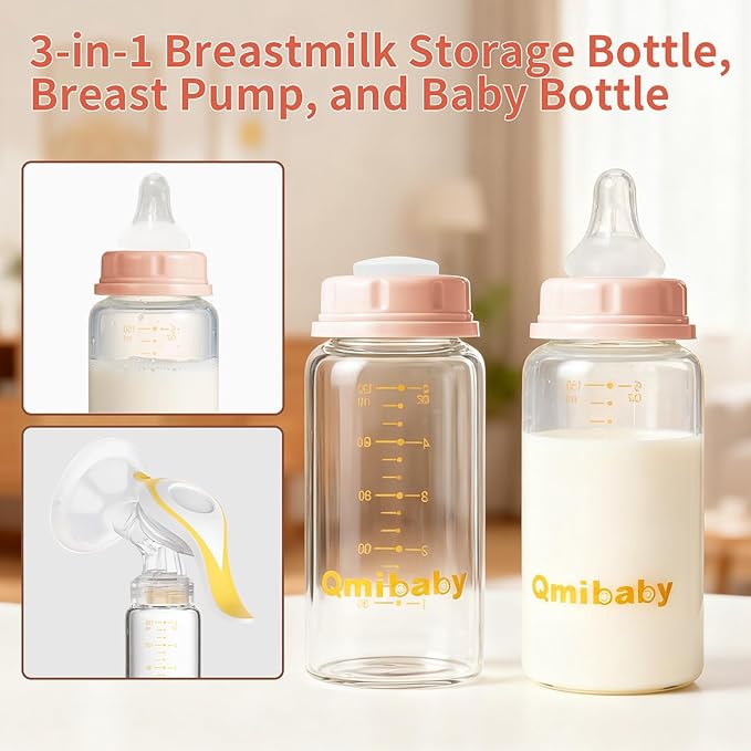 Natural Glass Baby Bottle 150ml 5oz Standard Neck Breast Milk Storage Bottles Compatible with Medela Breast Pumps for Breastmilk Storage Bottle Breastfeeding BPA-Free 4 Pack (Pink Lids)