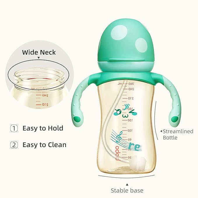 YOHKOH Natural PPSU Baby Bottle with Natural Response Nipple, Newborn Anti-Colic Baby Bottles with Handle, Wide Neck Mushroom Cap Baby Bottle (8.8oz (Pack of 4), Blue1)