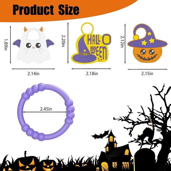 Halloween Baby Teething Bracelet with 3pcs Teether-Soft Pumpkin, Ghost&Witch Hat Textured Silicone Teether for 0-12months, Baby Sensory Chew Teething,Sensory Chew Bracelet for Baby’s First Halloween