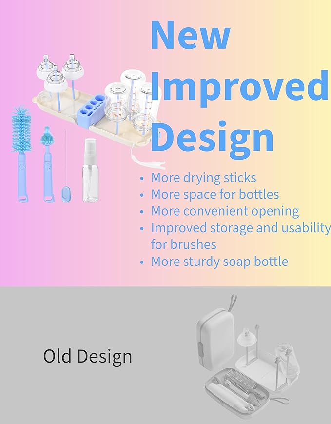 Travel Bottle Cleaner kit, 7in1 Baby Airplane Travel Essentials Silicone Travel Bottle Brush Set with Nipple, Drying Rack, Straw, & Breast Pump, Soap Dispenser & Organizer Case, Gift for Mom (Blue)