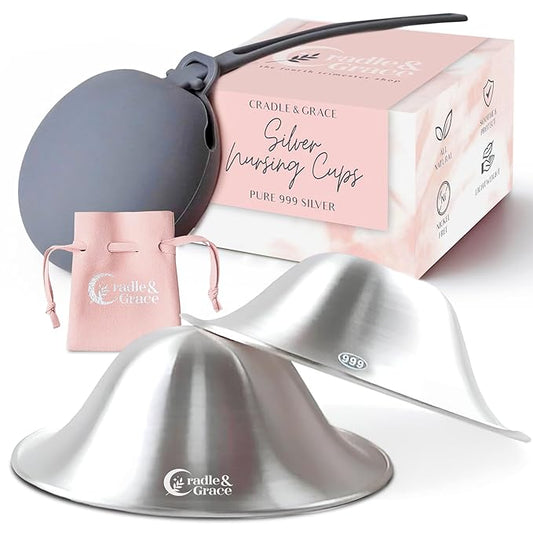 Cradle & Grace Pure 999 Silver Nursing Cups with Gray Carrying Case, Silver Nipple Shields for Breastfeeding Newborn, Silver Nipple Covers Breastfeeding Kit, X-Large