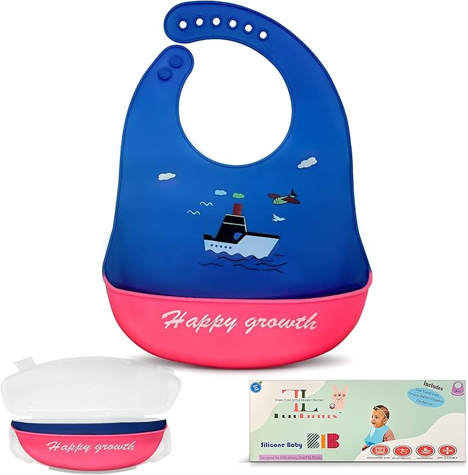 Silicone Baby Bibs Unisex, Self-Feeding, Catch-all Large Pocket, 6-48 months, BPA-Phthalate Free, w/Travel Case