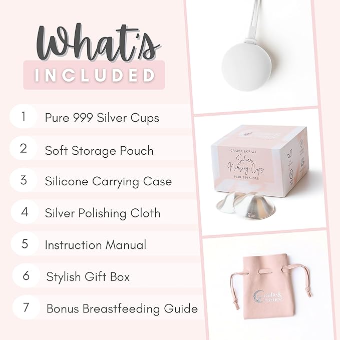 Cradle & Grace Pure 999 Silver Nursing Cups with White Carrying Case, Silver Nipple Shields for Breastfeeding Newborn, Silver Nipple Covers Breastfeeding Kit, Regular