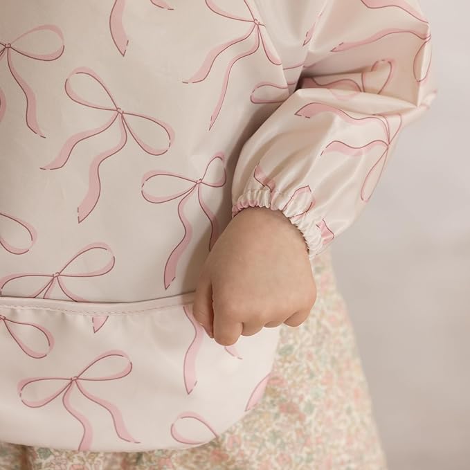 Tiny Twinkle Long Sleeve Bib for Babies & Toddlers – 2 Pack Waterproof Smock Bibs for Eating – Machine Washable & Mess-Proof, Baby Feeding Essential & Shower Must-Have (Toile,Bows, 6-24M)