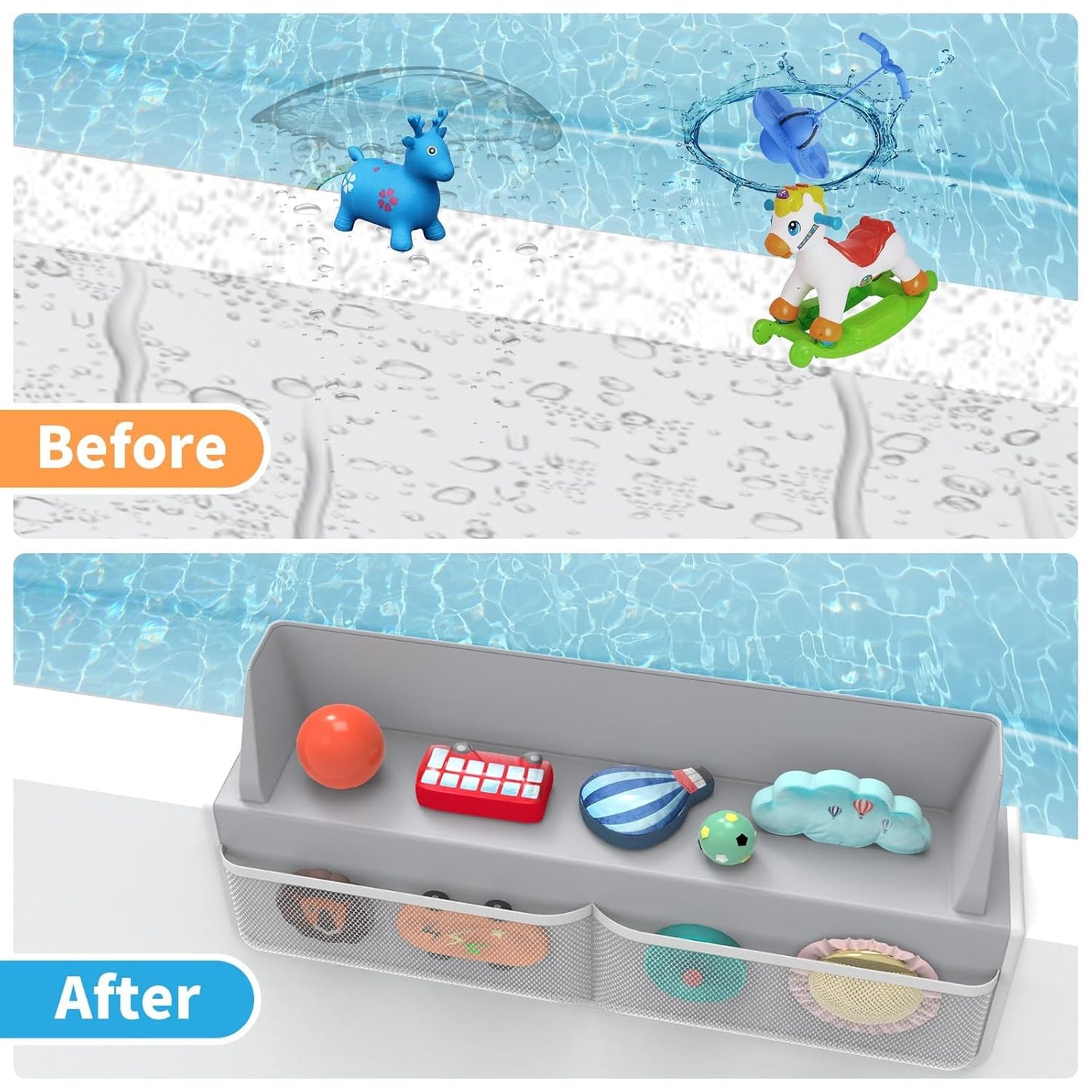 Gray Bathtub Splash Guard with Suction Cups, Waterproof Mesh Toy Organizer for Kids, Bath Toy Storage, Fits Most Tubs, Easy to Clean (Grey)