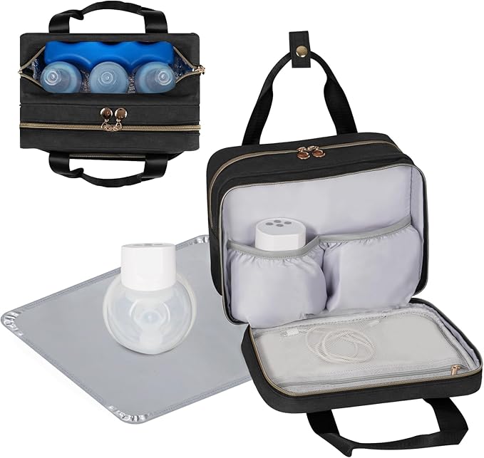 Wearable Breast Pump Bag with Insulated Breastmilk Cooler - Compatible with Momcozy/Willow/Elvie/Spectra/Medela, Portable Pumps Carrying Case with Waterproof Mat for Working Mom