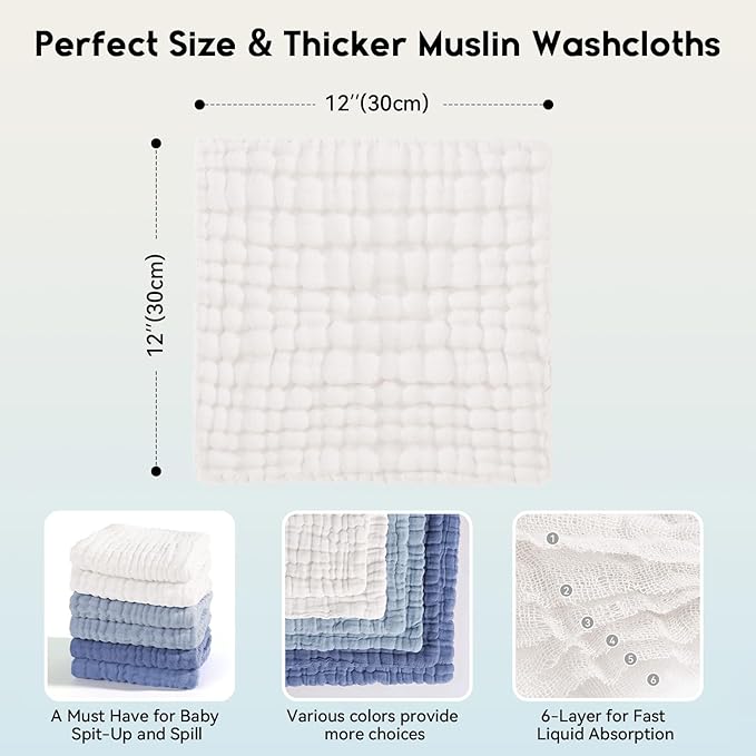 Muslin Baby Washcloths 6 Pack, 100% Cotton Wash Cloths for Babies, Large 12''X12'' Burp Cloths Absorbent and Soft for Newborn Infants Kids Boys Girls - Gradient Blue