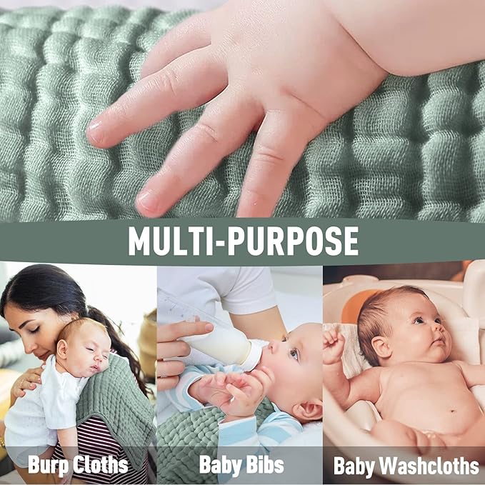 Yoofoss Muslin Burp Cloths for Baby 10 Pack 100% Organic Cotton Baby Washcloths for Boys Girls Large 20''X10'' Super Soft and Absorbent Dark Green