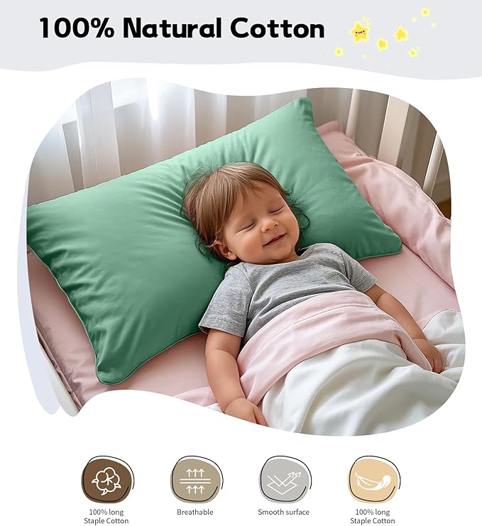 Deep Dream 100% Cotton Toddler Pillowcases Set of 2, 13x18 Inches Fits Baby Pillow Sized 12x16, 13x18, 600 Thread Count Cotton Small Travel Kids Pillow Case with Envelope Closure, Forest Green